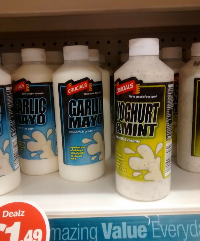Yoghurt & mint bottle surrounded by garlic mayo bottles, highlighting design fails.