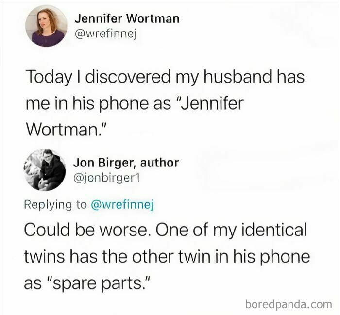 Tweets showing humorous comments about being named in contacts, highlighting epic comment humor.