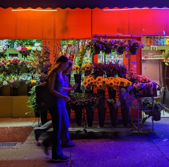 Street scene in San Francisco, showcasing vibrant flowers under colorful lights.