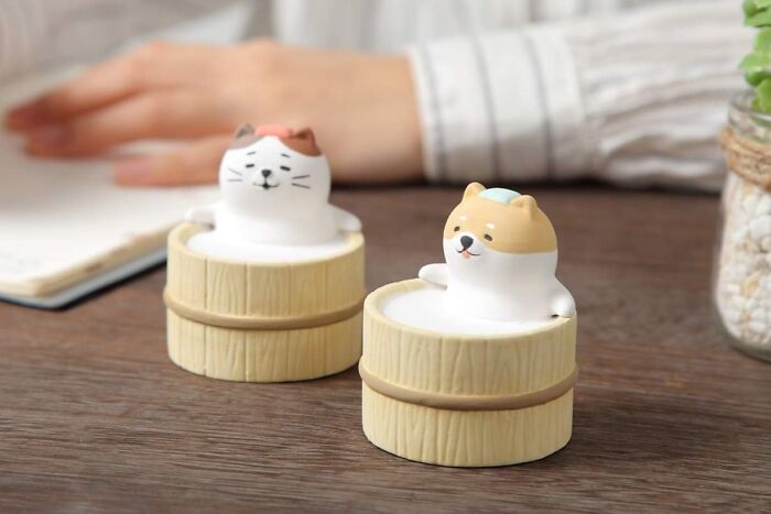 Cute random Amazon finds: cat and dog figurines in wooden tubs on a desk, sparking joy.