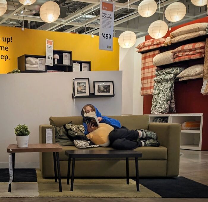 Person in a blue hoodie reading on a couch in a store, reflecting the essence of San Francisco ambiance.