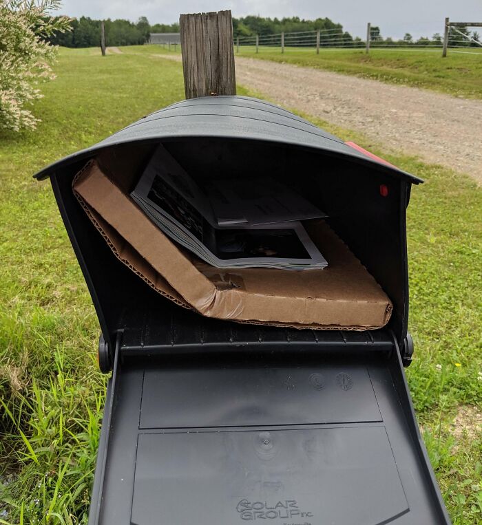 Mailbox with bent package inside, symbolizing costly accidents and sharing in others' misfortunes online.