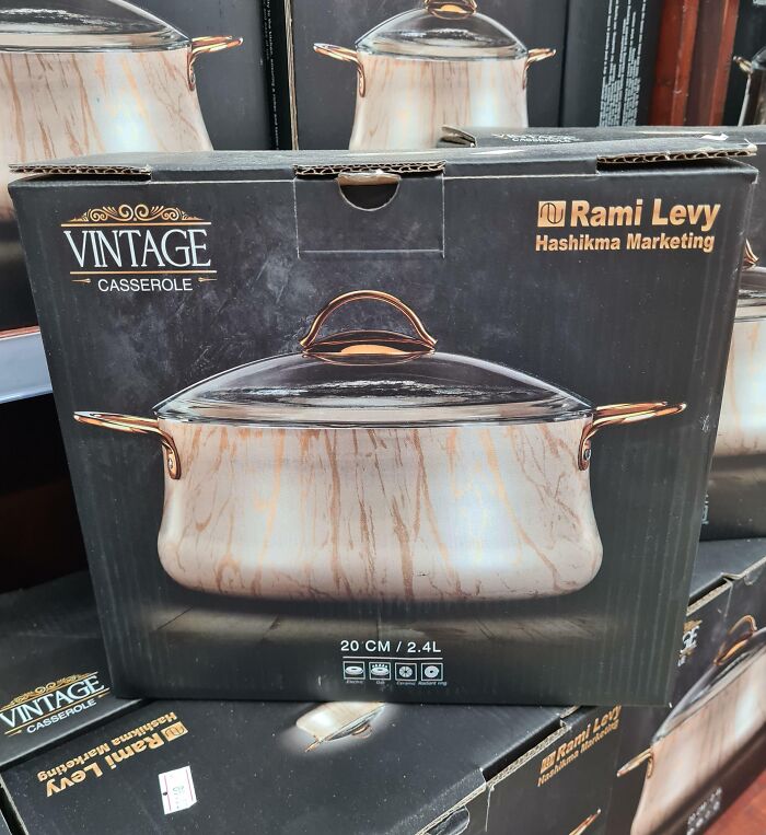 Casserole design fail with "Vintage" branding, packaging shows mismatched image and product details.