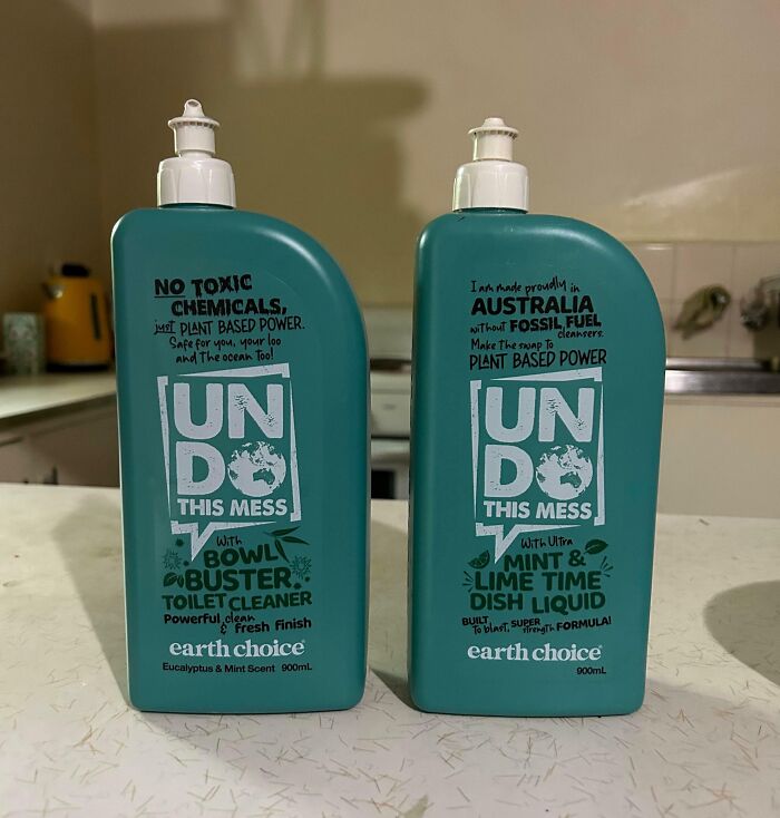 Design fails: mislabeled cleaning products in a kitchen setting.