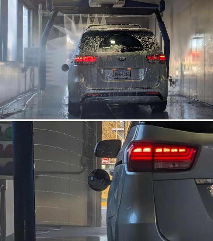 Car with broken side mirror in a car wash, highlighting an expensive accident.