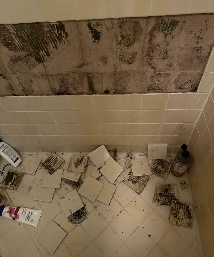 Broken tiles scattered in a shower, revealing damage and an expensive accident.