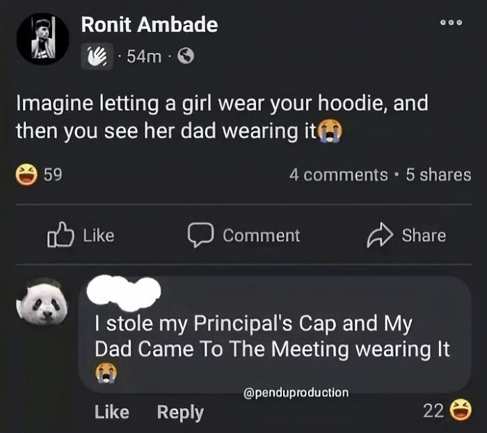 Comment with a dad wearing a hoodie joke and a reply about a principal's cap, highlighting epic comment humor.