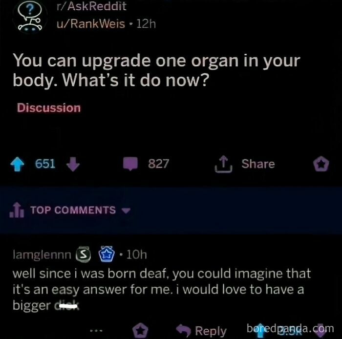Screenshot of a Reddit post about organ upgrades with a top comment humorously suggesting a specific enhancement, fitting "epic comment god" style.