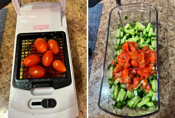 Kitchen game-changer: vegetable chopper with diced cucumbers and tomatoes.