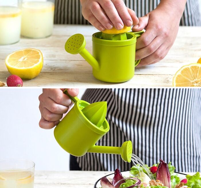 Person using a green citrus juicer shaped like a watering can to dress a salad.