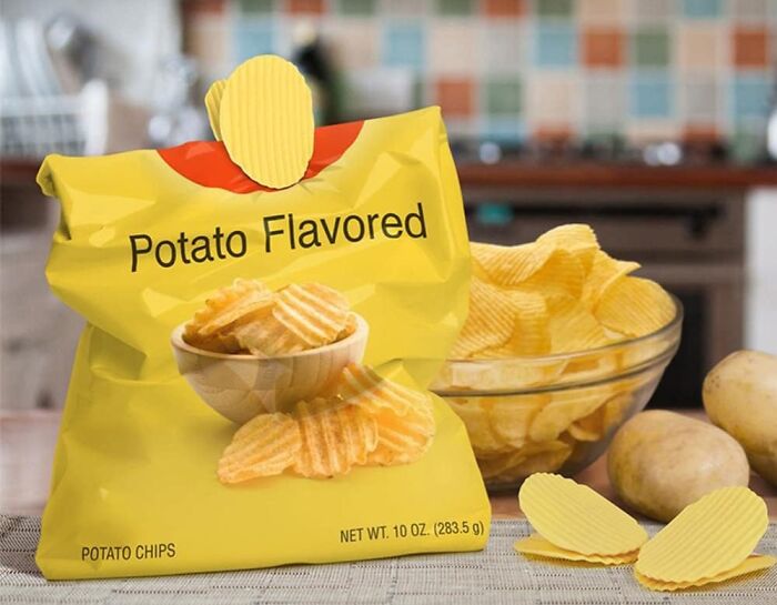 Bag of potato-flavored chips with a bowl of chips in a kitchen setting, highlighting kitchen game-changers.