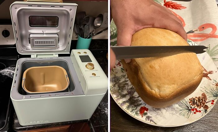 Bread maker machine open next to someone slicing homemade bread on a decorative plate, showcasing kitchen game-changers.