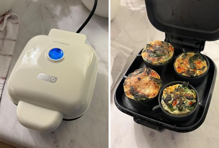 Compact kitchen appliance cooking egg bites with vegetables, showcasing a game-changing tool for modern kitchens.