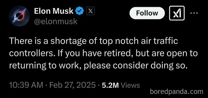 Elon Musk tweet about air traffic controller shortage, urging retirees to consider returning to work.