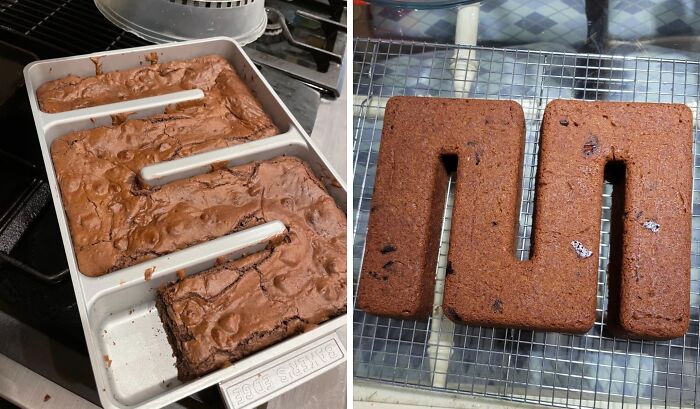 Brownie edge baking pan and zigzag brownie piece on cooling rack, showcasing innovative kitchen game-changers.