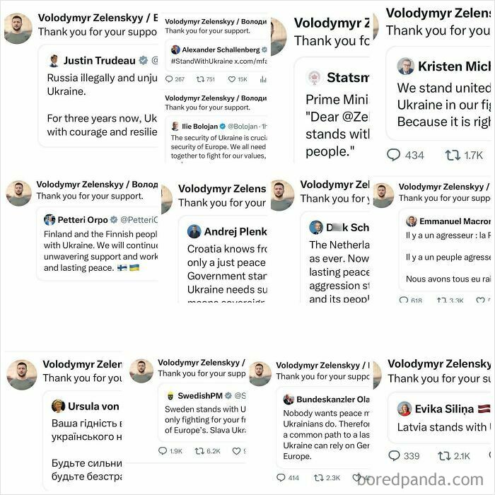 Social media posts showing attempts at diplomatic support for Ukraine.