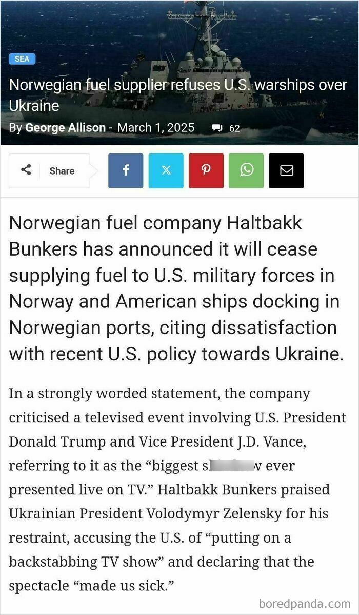 Norwegian company halts fuel supply to U.S. warships in response to Ukraine policy changes, highlighting dissatisfaction.