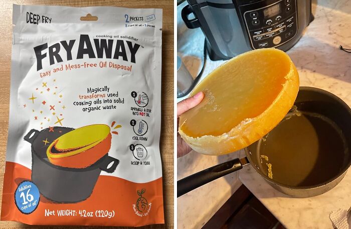 FryAway oil solidifier packaging and solidified cooking oil in a pan, showcasing a kitchen game-changer for waste disposal.
