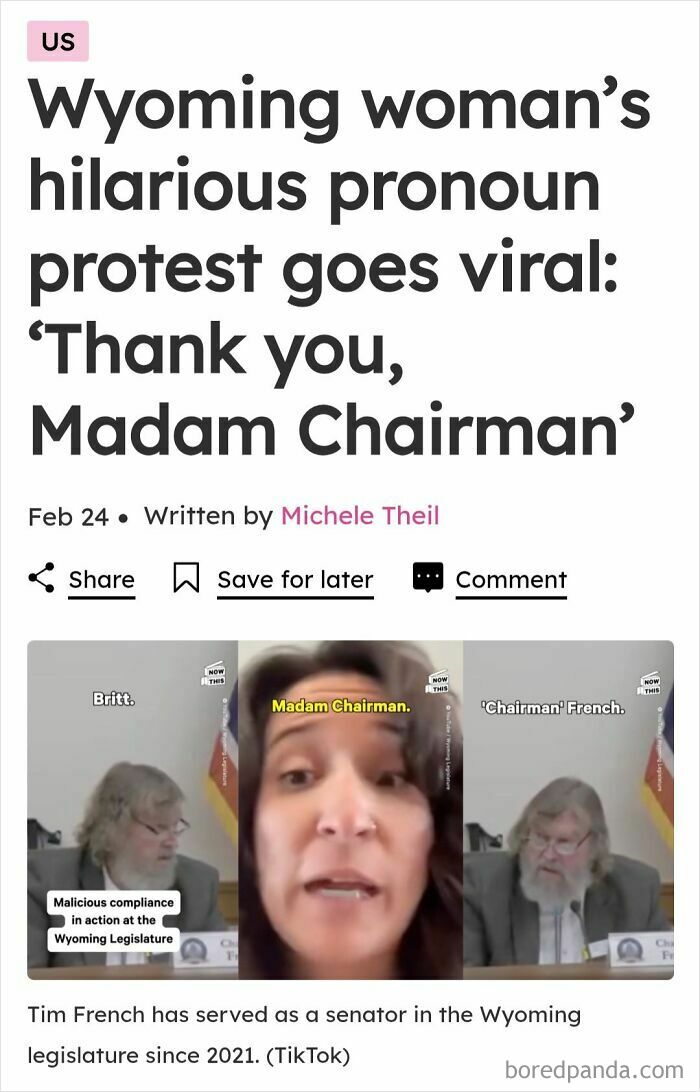 Wyoming woman's pronoun protest goes viral, featuring "Thank you, Madam Chairman" moment from legislature.