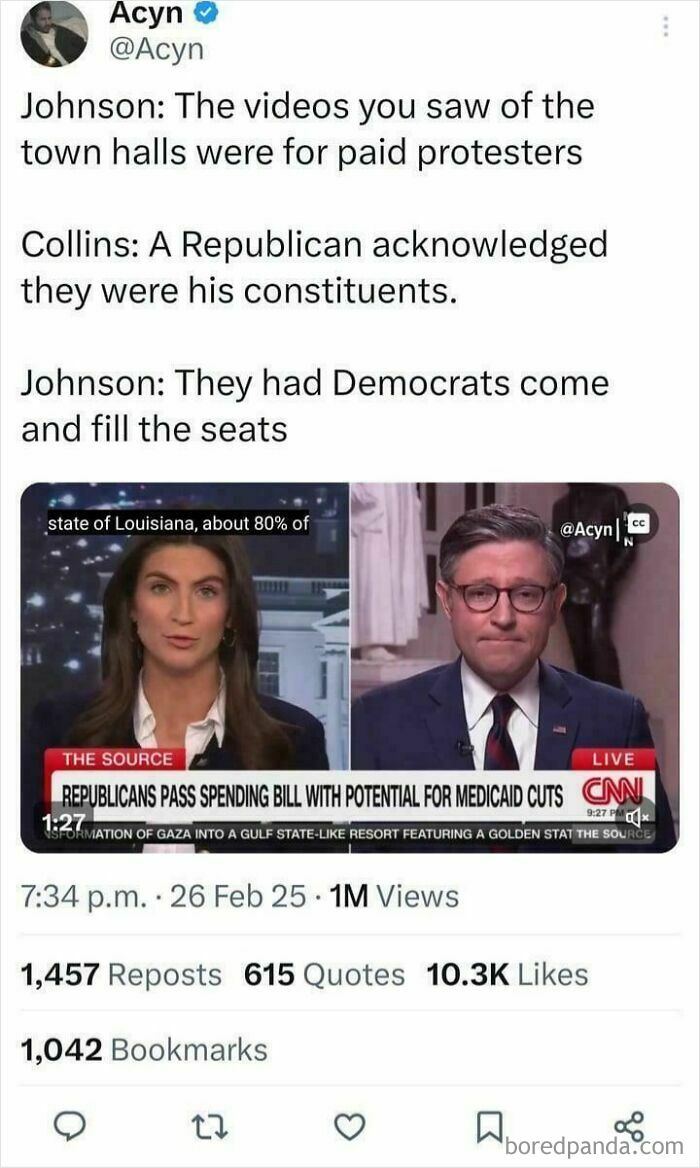 Tweet discussing attempts at town halls, featuring news screenshots on spending bill debate.