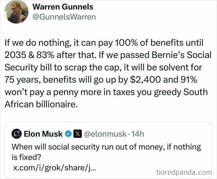 Debate on social security benefits and taxes in a Twitter exchange.
