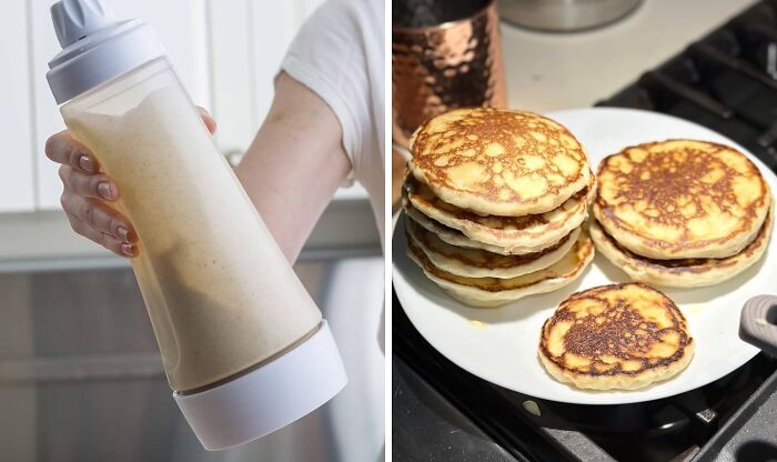 A hand holding a batter dispenser next to a stack of freshly made pancakes on a white plate, enhancing quality of life.