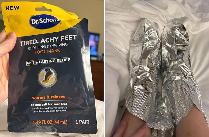 Dr. Scholl's foot mask for sore feet next to wrapped feet, enhancing quality of life with soothing relief.