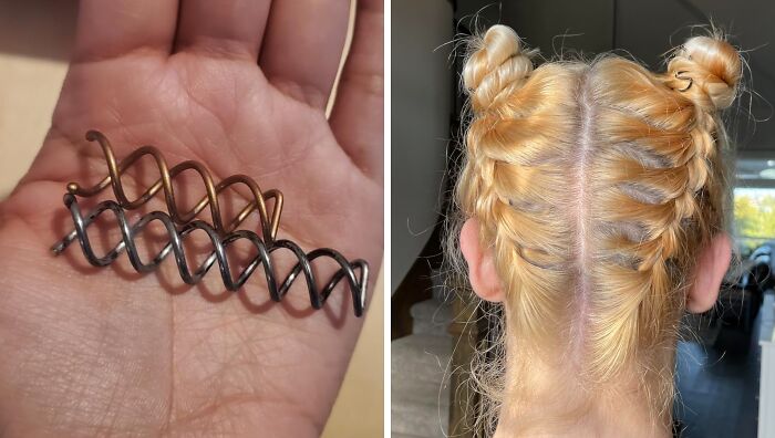 Hair styling tool shown next to braided hairstyle with buns, enhancing quality of life through easy hair management.