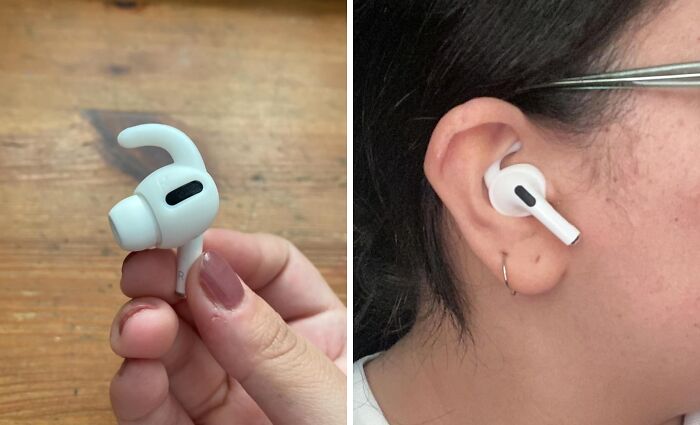 Earbuds enhancing quality of life, held in hand and worn on ear, showing comfort and design features.
