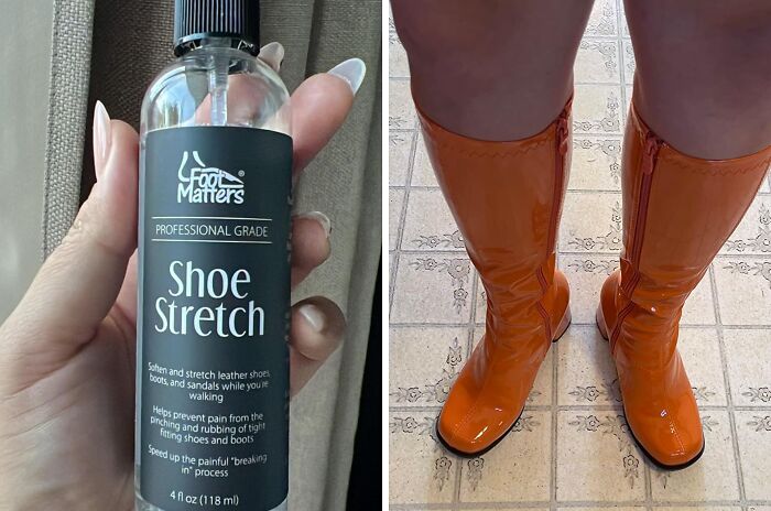 Shoe stretch spray held in hand and orange boots on tiled floor, enhancing quality of life.