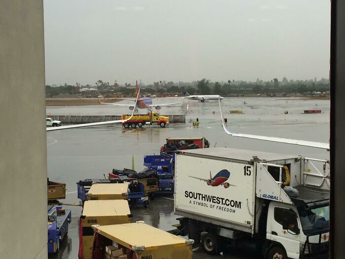 Airline baggage chaos with truck on wet runway, carts scattered around.