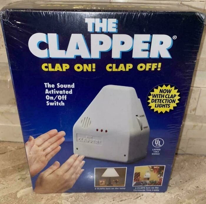 The Clapper sound-activated switch packaging from the 1980s, featuring "Clap On! Clap Off!" slogan.