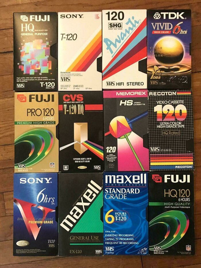 1980s VHS tape collection showcasing vibrant retro packaging designs from brands like Fuji, Sony, and Memorex.