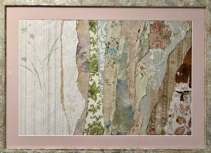 Vintage wallpaper collage, showcasing various floral and geometric patterns from past eras, found in an old house.