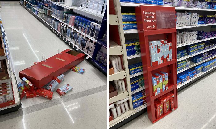 Store aisle with fallen display stand and scattered products, illustrating customer cluelessness in a retail setting.