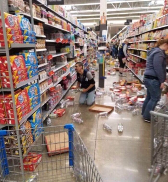 Store aisle chaos with items scattered, illustrating extreme customer cluelessness.