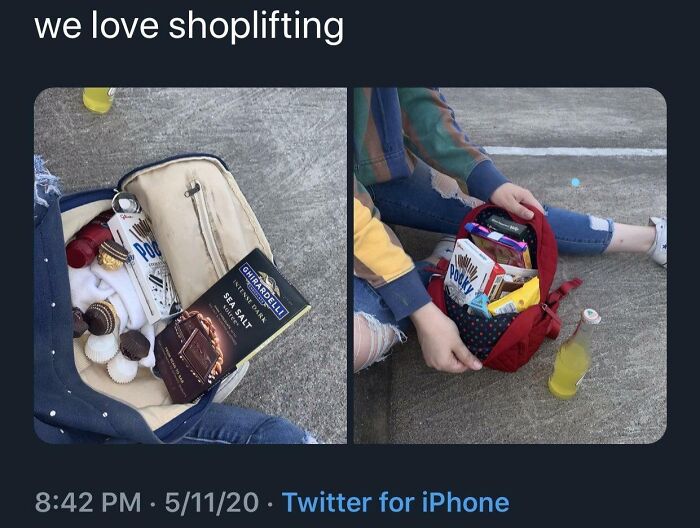 Open backpacks filled with snacks, text "we love shoplifting" above.