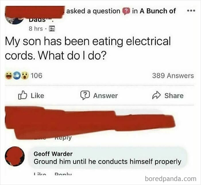 Comment with witty response about a son eating electrical cords.