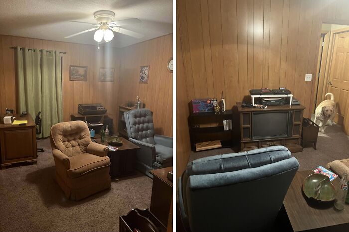 1980s living room with wood paneling, vintage TV, and retro chairs, capturing the essence of classic 80s interior design.