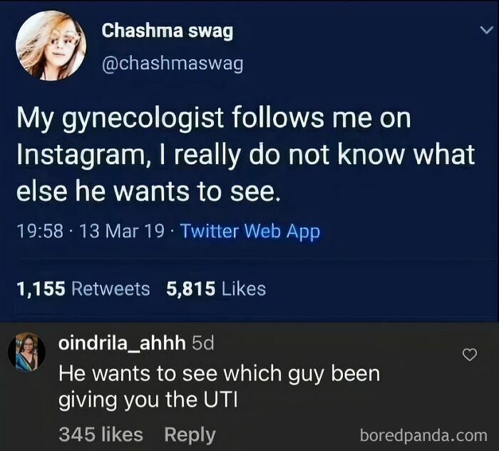 Epic comment humor about a gynecologist following someone on Instagram, with a witty response.