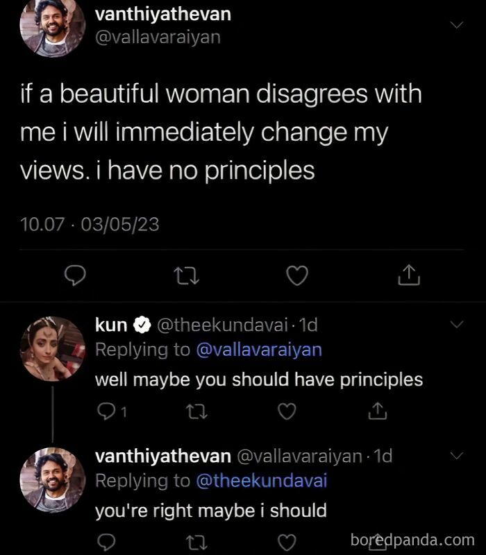 Twitter exchange about changing views, with a humorous reply suggesting having principles, highlighting epic comment moments.