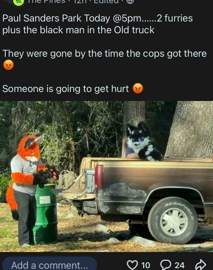 Screenshot of a wild post from a neighbors app showing two people in furry costumes near an old truck in a park.