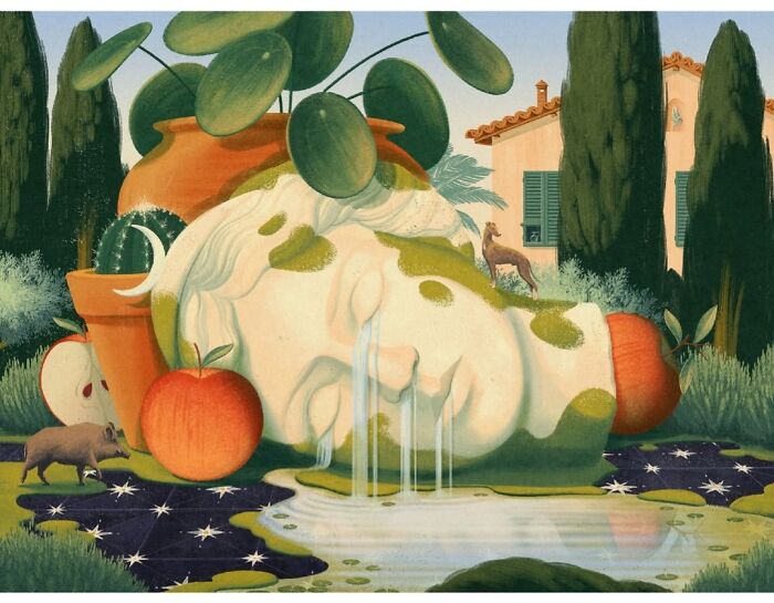 Mysterious illustration by Myriam Wares featuring a giant head sculpture with apples, plants, and animals in a serene garden setting.