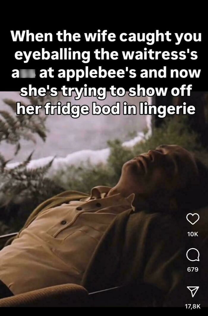 Man lying back in a chair with text overlay, highlighting outdated views about women; humorously addressing stereotypes.