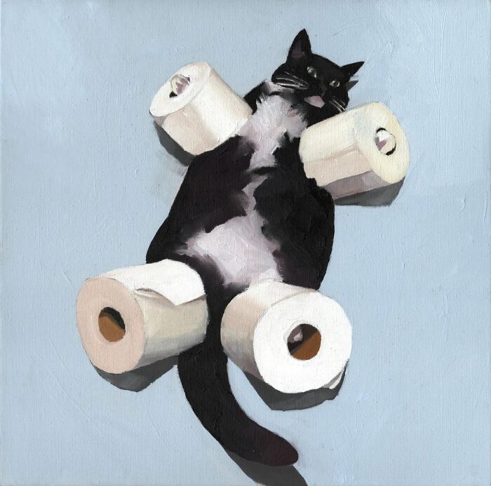 Cat surrounded by toilet paper rolls in a painting inspired by memes and popular culture.