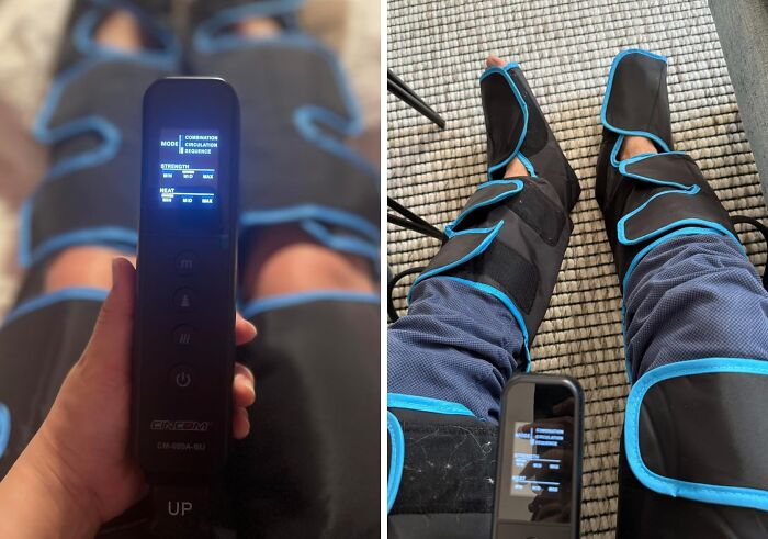 Leg compression therapy device in use, enhancing quality of life and comfort at home.