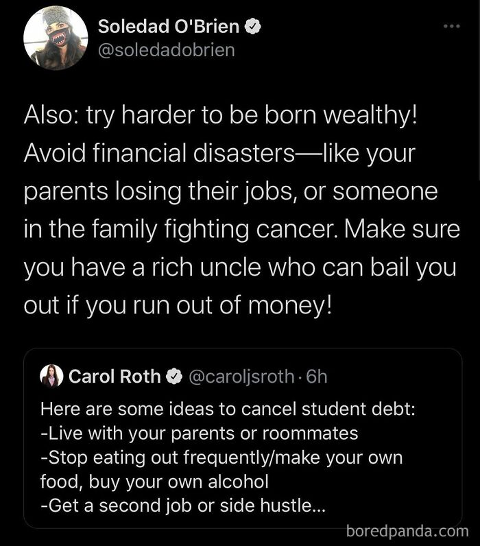 Tweet mocking financial advice, highlighting disparity in wealth and privilege.