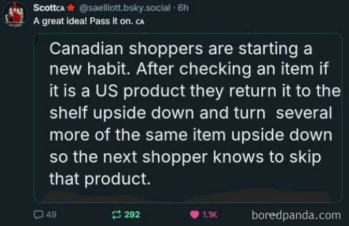 Random funny social media post about Canadian shoppers creating a quirky new habit with US products in stores.