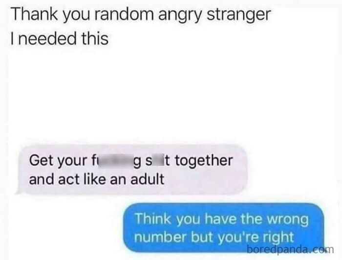 Text message exchange showing a random angry stranger telling someone to act like an adult, with a witty reply included.