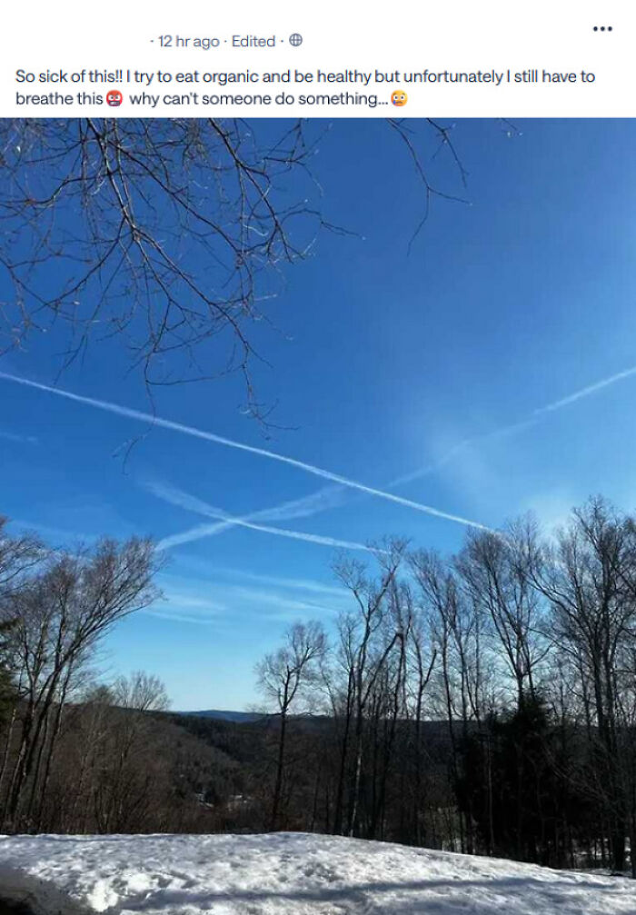Snow-covered forest landscape under blue sky with airplane contrails in a post from app dedicated to neighbors.